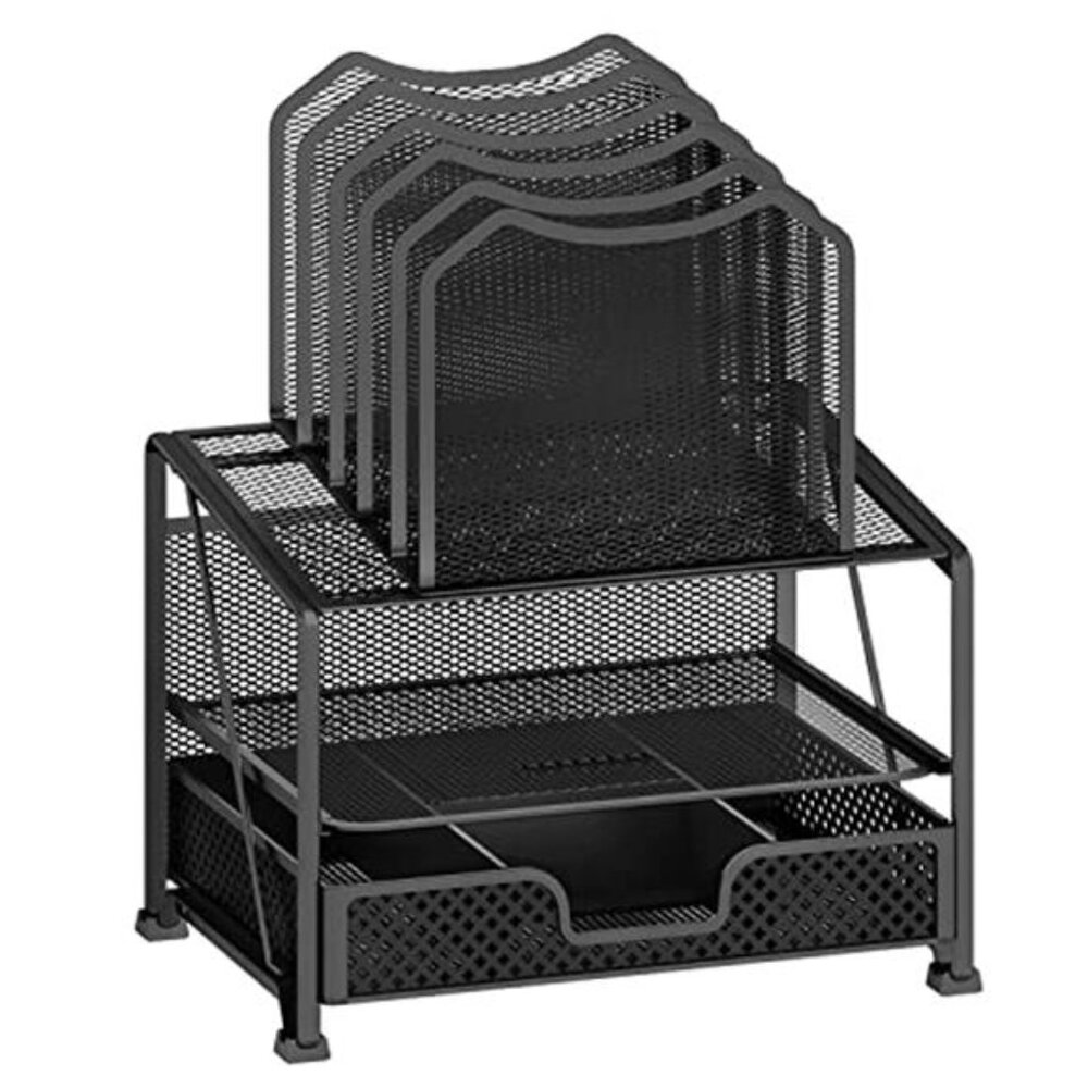 Mesh Desk Organizer File Holder Sliding Drawer Double Tray Office Supplies Black